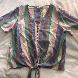 Madewell linen striped tie front shirt